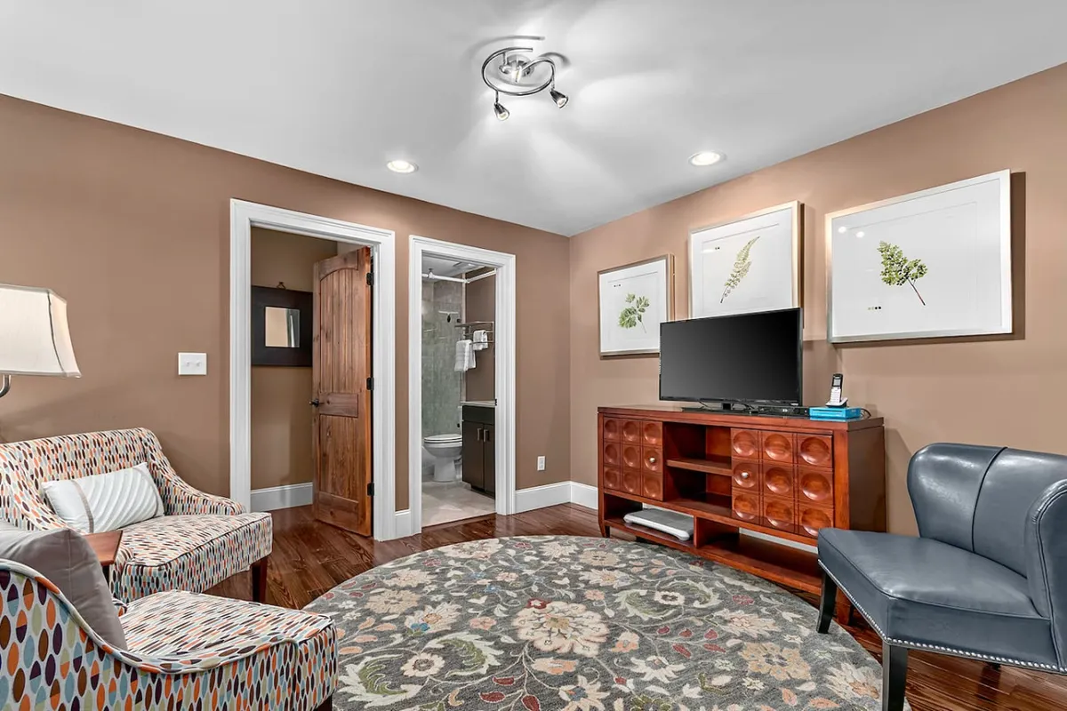 A stylish living room featuring a colorful patterned rug, wooden TV stand, framed botanical prints, and comfortable armchairs set around a central space ideal for conversation or relaxing with a movie. The lighting and decor evoke an inviting, historic charm with modern touches.